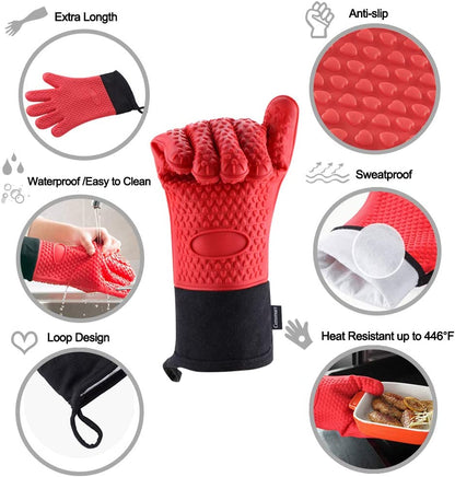 BBQ Gloves, Heat Resistant Silicone Grilling Gloves, Long Waterproof BBQ Kitchen Oven Mitts with Inner Cotton Layer for Barbecue, Cooking, Baking, Smoker(Red)