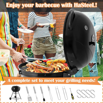 22-Inch Charcoal Kettle Grill Set of 12, Hasteel 2 Layer Grilling Racks Outdoor BBQ Grill, Heavy Duty Large Enameled Grills with Grilling Accessories for Camping Backyard Picnic, Barbecue Spatula