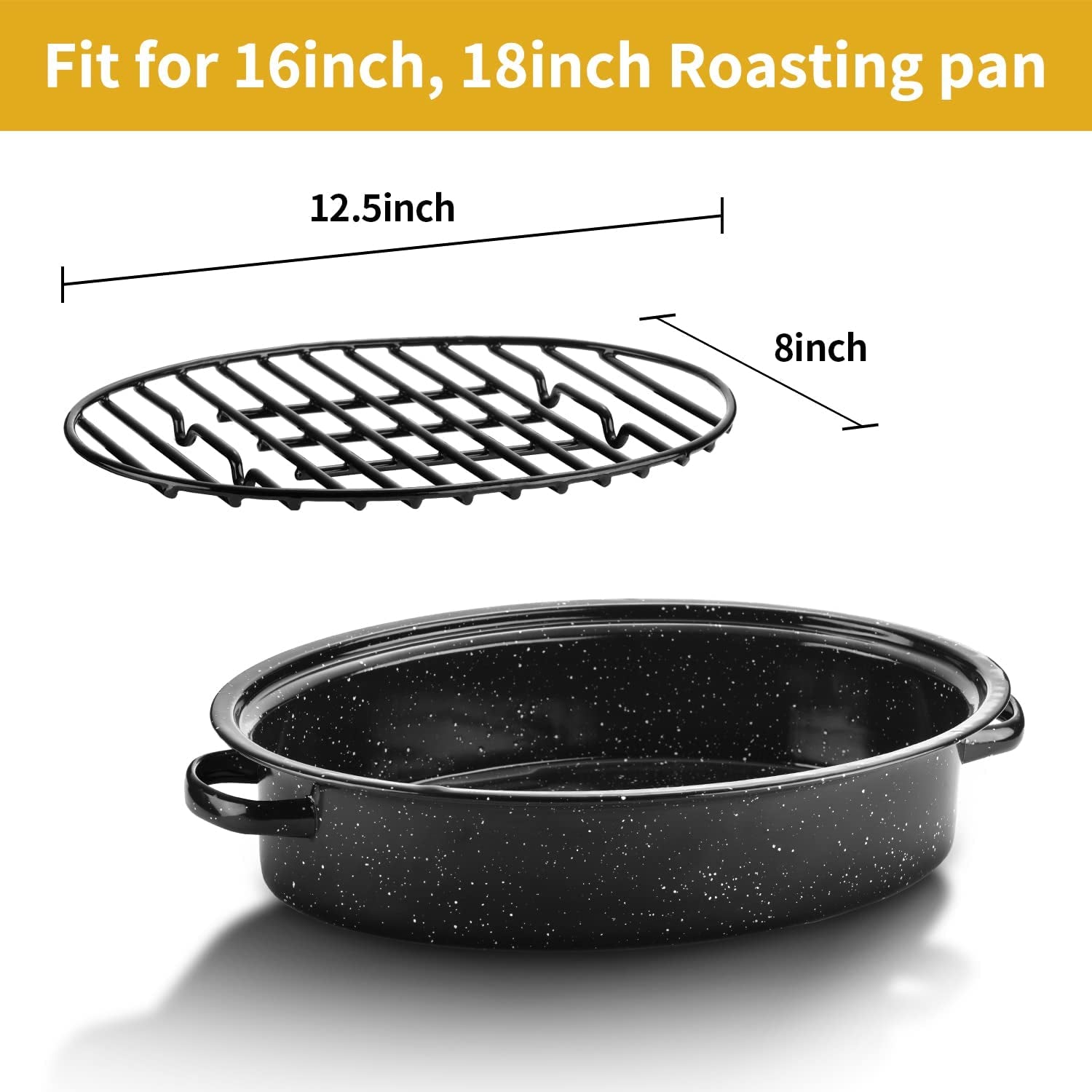 DIMESHY Roasting Rack, Black with Integrated Feet, Enamel Finished, Nonstick, Fit for 15 Inches Oval Roasting Pan, Safety, Dishwasher, Great for Basting, Cooking, Drying, Cooling Rack. (12.5”X 8.5”)