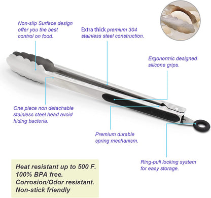304 Stainless Steel Kitchen Cooking Tongs, 9" and 12" Set of 2 Sturdy Grilling Barbeque Brushed Locking Food Tongs with Ergonomic Grip, Black