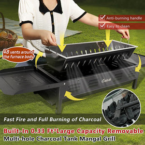 Portable Charcoal Grills for Outdoor BBQ, Foldable Camping Barbecue Hibachi Kabob Grill, 1.6 Ft² Barbeque Area Binchotan Grill with Shelf Carbon Tank and Carry Bag for Backyard Picnic Home