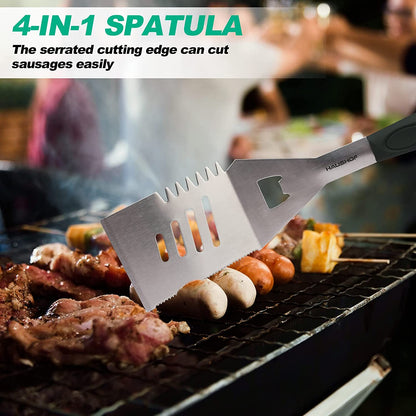 HAUSHOF Large Grill Accessories Heavy Duty BBQ Set Gifts for Men/Women - Premium Stainless Steel Spatula, Fork & Tongs (16.5/16/16.5 In.), Barbecue Utensils Tool Kit Gift for Grilling Lover Outdoor