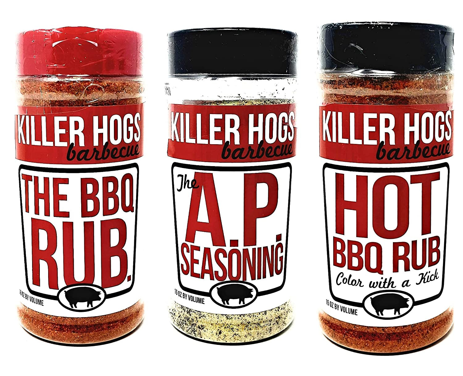 Killer Hogs Barbecue Rub Variety Pack - Original BBQ Rub, Hot BBQ Rubs, and A.P. Seasoning - Pack of 3 Bottles - 16 Oz per Bottle - 48 Oz Total