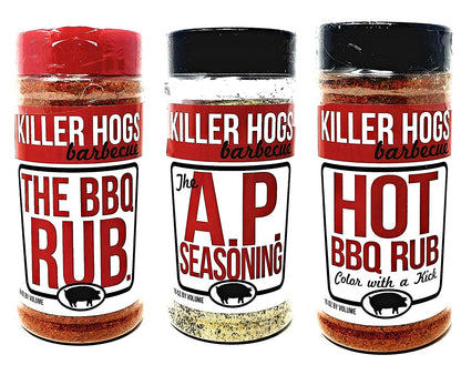 Killer Hogs Barbecue Rub Variety Pack - Original BBQ Rub, Hot BBQ Rubs, and A.P. Seasoning - Pack of 3 Bottles - 16 Oz per Bottle - 48 Oz Total