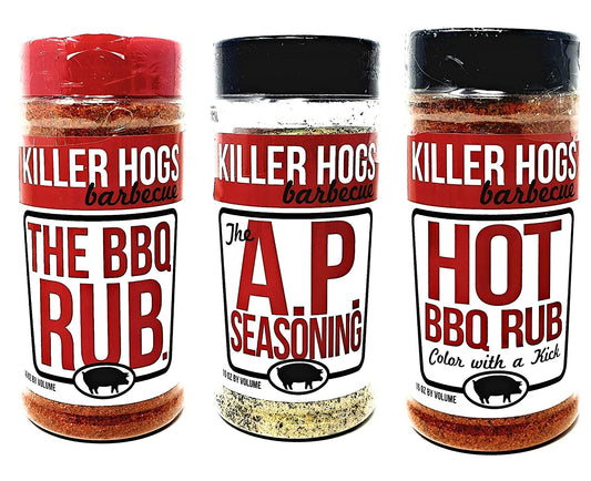 Killer Hogs Barbecue Rub Variety Pack - Original BBQ Rub, Hot BBQ Rubs, and A.P. Seasoning - Pack of 3 Bottles - 16 Oz per Bottle - 48 Oz Total