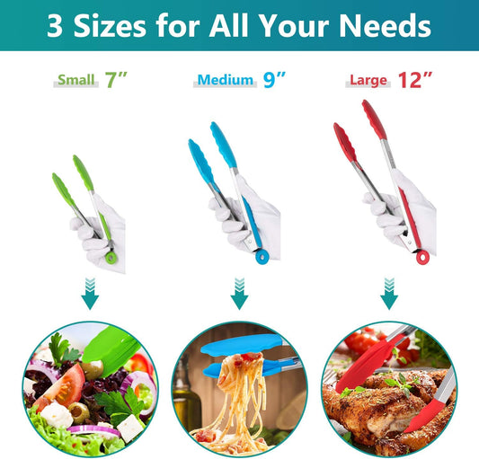 Kitchen Tongs Set of 3, Cooking Tongs with Silicone Tips, Stainless Steel Buffet Tongs, Non-Stick Non-Scratch Heat Resistant Tongs for Grilling Cooking BBQ Salad Serving (Multicolor, 7/9/12 Inch)