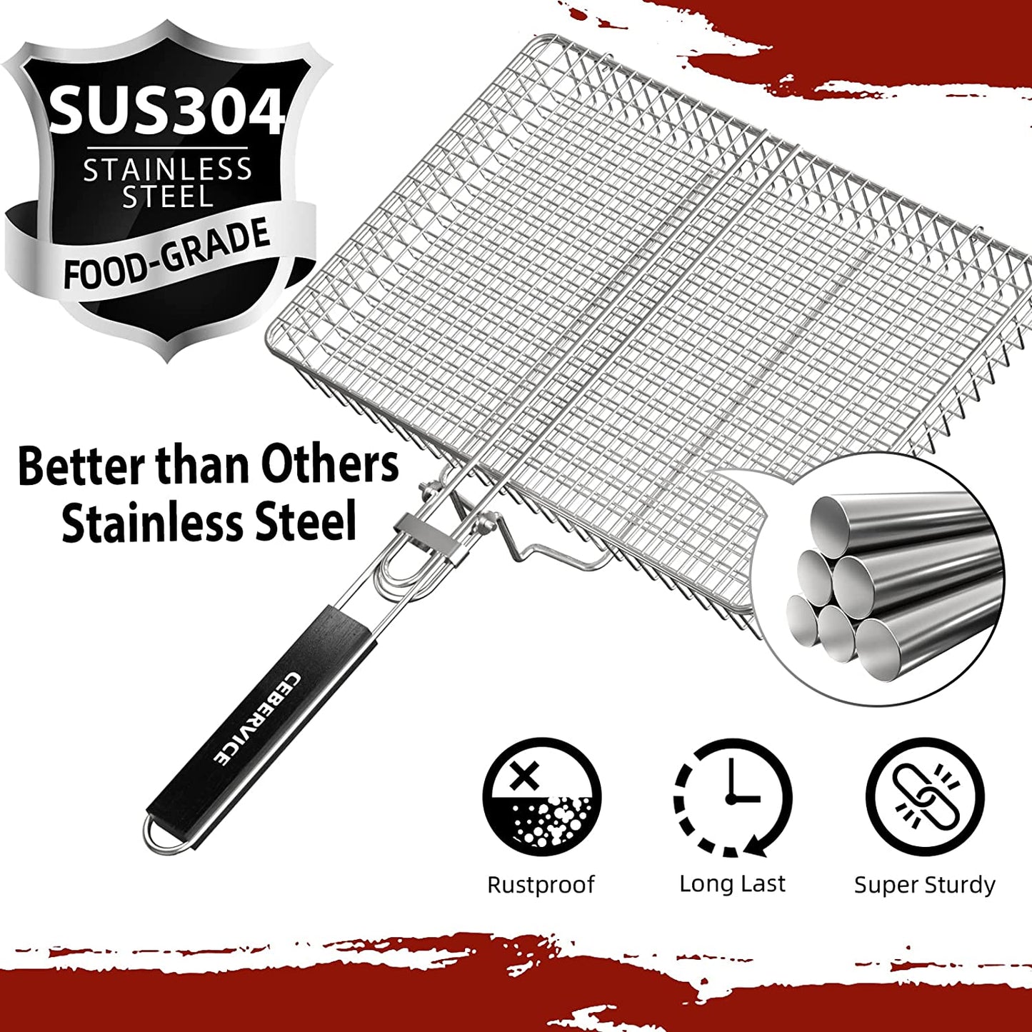 CEBERVICE Grill Basket Extra Large, SUS304 Food Safe Stainless Steel, Portable Folding BBQ Outdoor Camping Grilling Rack for Fish, Vegetables, Shrimp, Barbeque Griller Cooking Accessories, Grilling Gifts for Men, Dad, Father, Husband