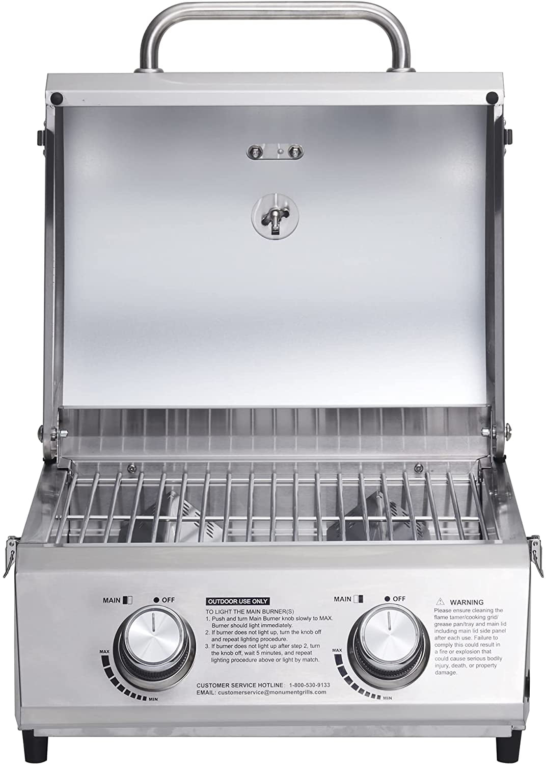 Tabletop Propane Gas Grill for Outdoor Portable Camping Cooking with Travel Locks, Stainless Steel High Lid, and Built in Thermometer