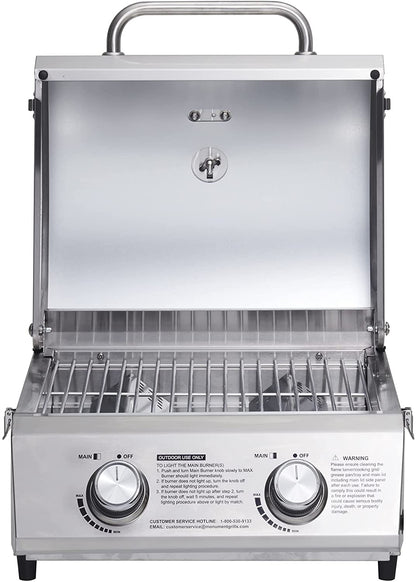 Tabletop Propane Gas Grill for Outdoor Portable Camping Cooking with Travel Locks, Stainless Steel High Lid, and Built in Thermometer