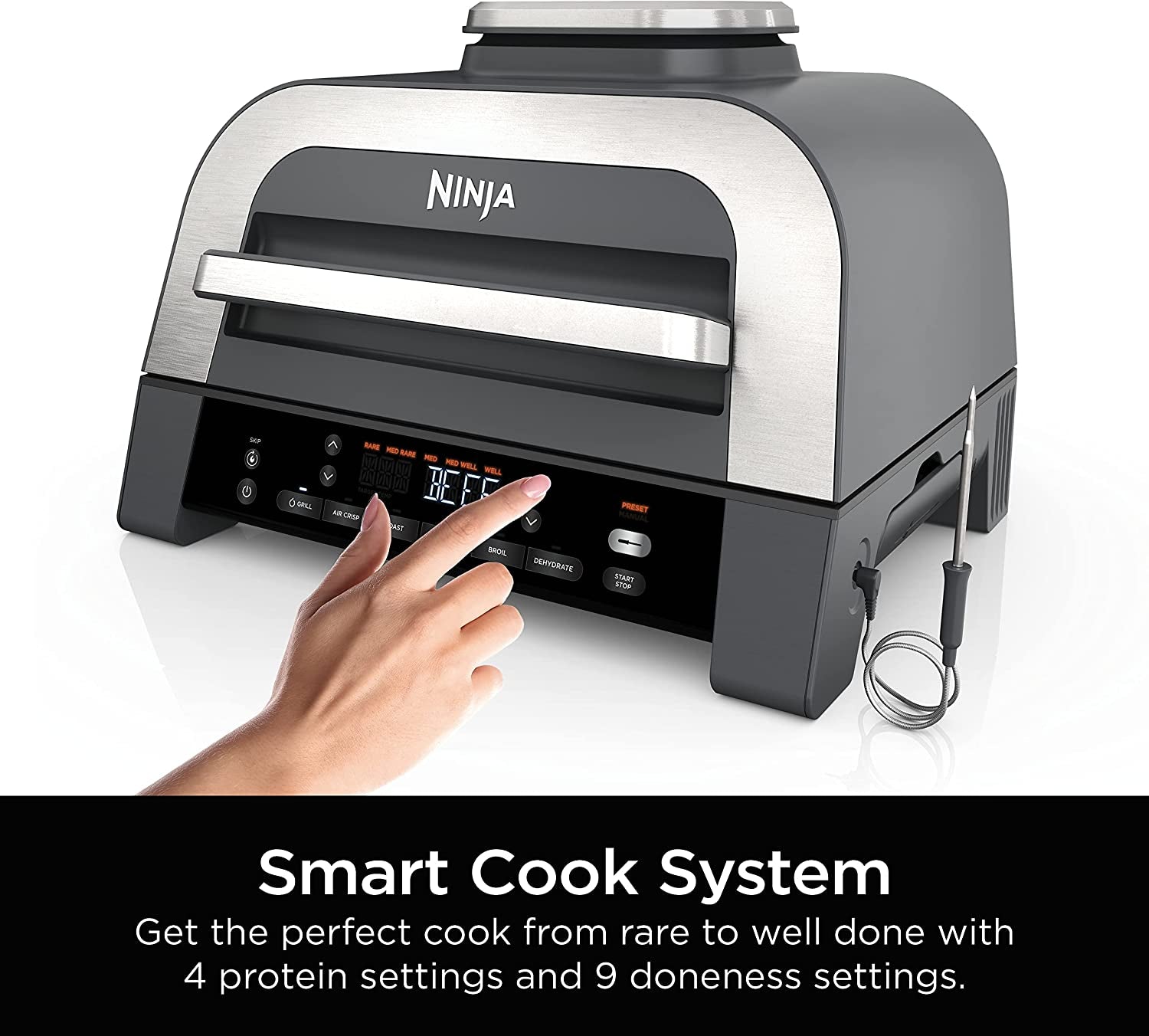 DG551 Foodi Smart XL 6-In-1 Indoor Grill with Air Fry, Roast, Bake, Broil, & Dehydrate, Foodi Smart Thermometer, 2Nd Generation, Black/Silver