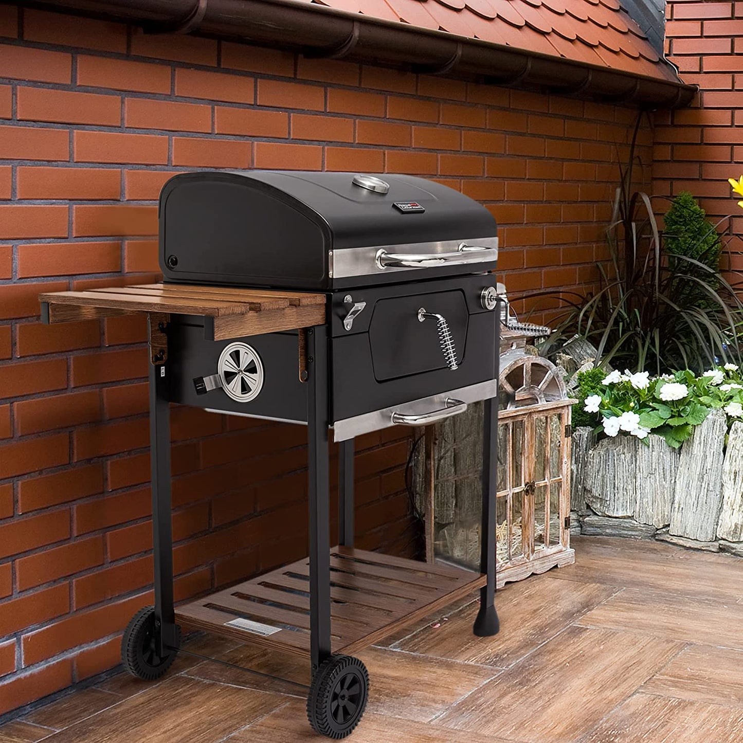 CD1824M 24-Inch Charcoal Grill, BBQ Smoker with Handle and Folding Table, Perfect for Outdoor Patio, Garden and Backyard Grilling, Black, Medium
