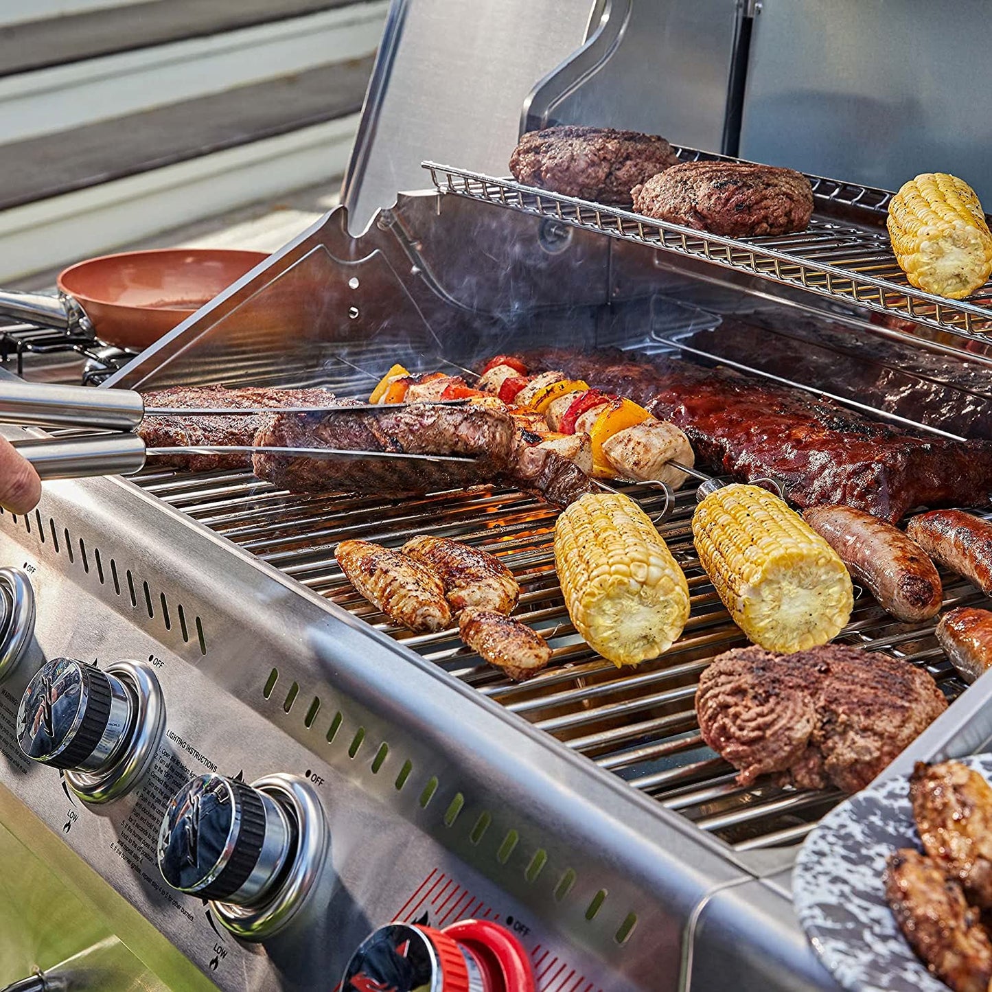 GA4402S Stainless Steel 4-Burner BBQ Propane Gas Grill, 54000 BTU Cabinet Style Gas Grill with Sear Burner and Side Burner Perfect Patio Garden Picnic Backyard Party Silver