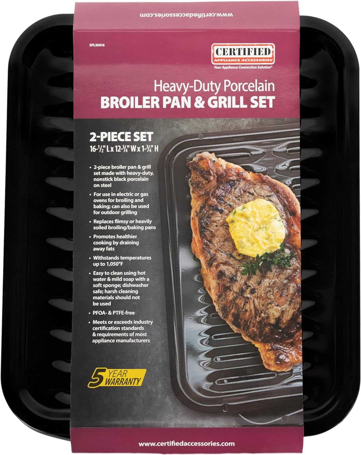 SPL50016 Large 2-Piece Broiler Pan & Grill Set Porcelain-On-Steel 16-1/2"X12-3/4"X1-3/4" Broiler Pan for Oven, Black