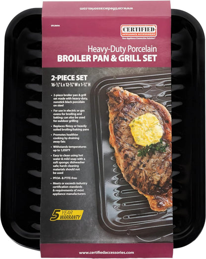 SPL50016 Large 2-Piece Broiler Pan & Grill Set Porcelain-On-Steel 16-1/2"X12-3/4"X1-3/4" Broiler Pan for Oven, Black