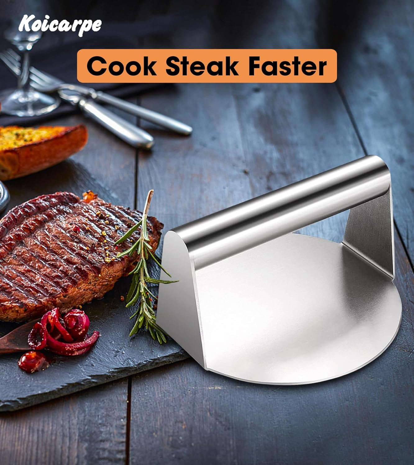 Koicarpe Burger Press - 5.5" Stainless Steel Burger Smasher Tool - Smooth & Non-Stick Surface - round Utensil for Grilling Meat Patty, Steak, Hot Dog, Grill Flattener for Steaks, Panini, Sandwich