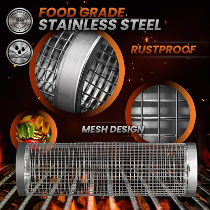 Rolling Grill Basket Set - Two BBQ Grilling Baskets, One Oil Brush, Fork and Hook. BBQ Grilling Accessories Set - Perfect Grill Accessories for Outdoor Grill or Campfire Grill Grate, Grill Pan Grill Tools Grilling Gifts