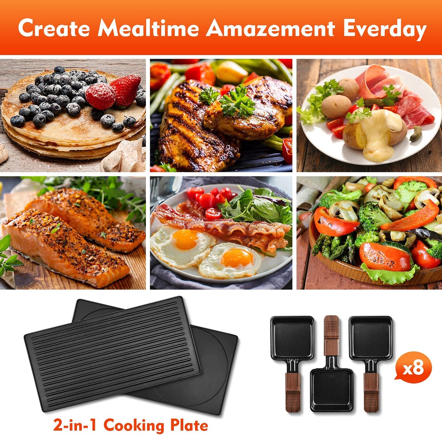 Raclette Grill,  Electric Table Indoor Grill Korean BBQ Grill, Removable 2-In-1 Non-Stick Grill Plate, 1500W Fast Heating with 8 Cheese Melt Pans, Ideal for Parties and Family Fun (Wood Grain)