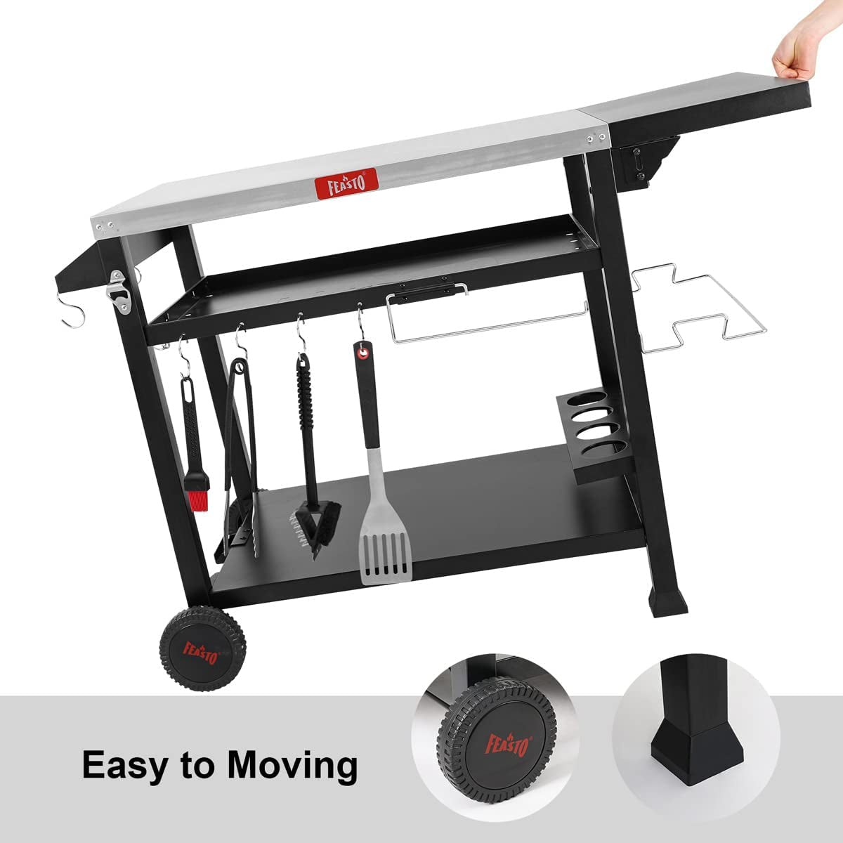 3-Shelf Movable Food Prep Table, Pizza Oven Table, BBQ Grilling Table,Grill Cart with Side Table, Home & Outdoor Stainless Steel Table Top Grill Tables on 2 Wheels, L50 Xw21.7 Xh33