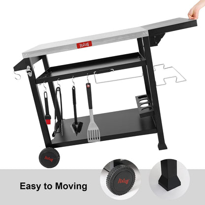 3-Shelf Movable Food Prep Table, Pizza Oven Table, BBQ Grilling Table,Grill Cart with Side Table, Home & Outdoor Stainless Steel Table Top Grill Tables on 2 Wheels, L50 Xw21.7 Xh33