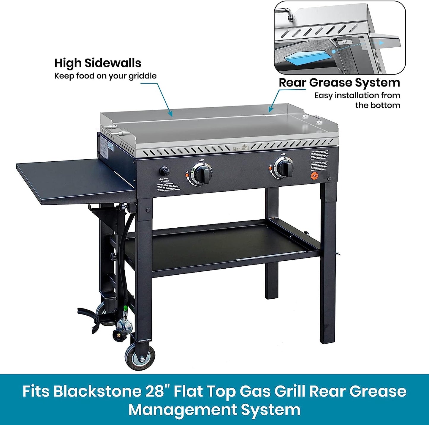 28 Inch Stainless Steel Flat Top Gas Grill Griddle Replacement for Blackstone 2-Burner Propane Fueled Grill Improved New Rear Grease Management System (Improved Version)