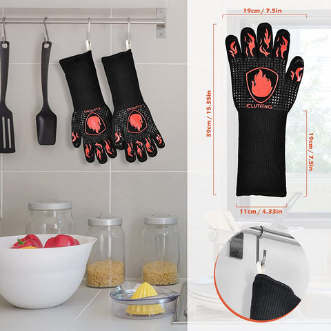 Image of BBQ Long Gloves 1472℉ Heat Resistant Grilling Glove Silicone Non-Slip Oven Heatproof Longer Kitchen Washable Gloves for Barbecue, Cooking, Baking, Camping Fire Pit Black