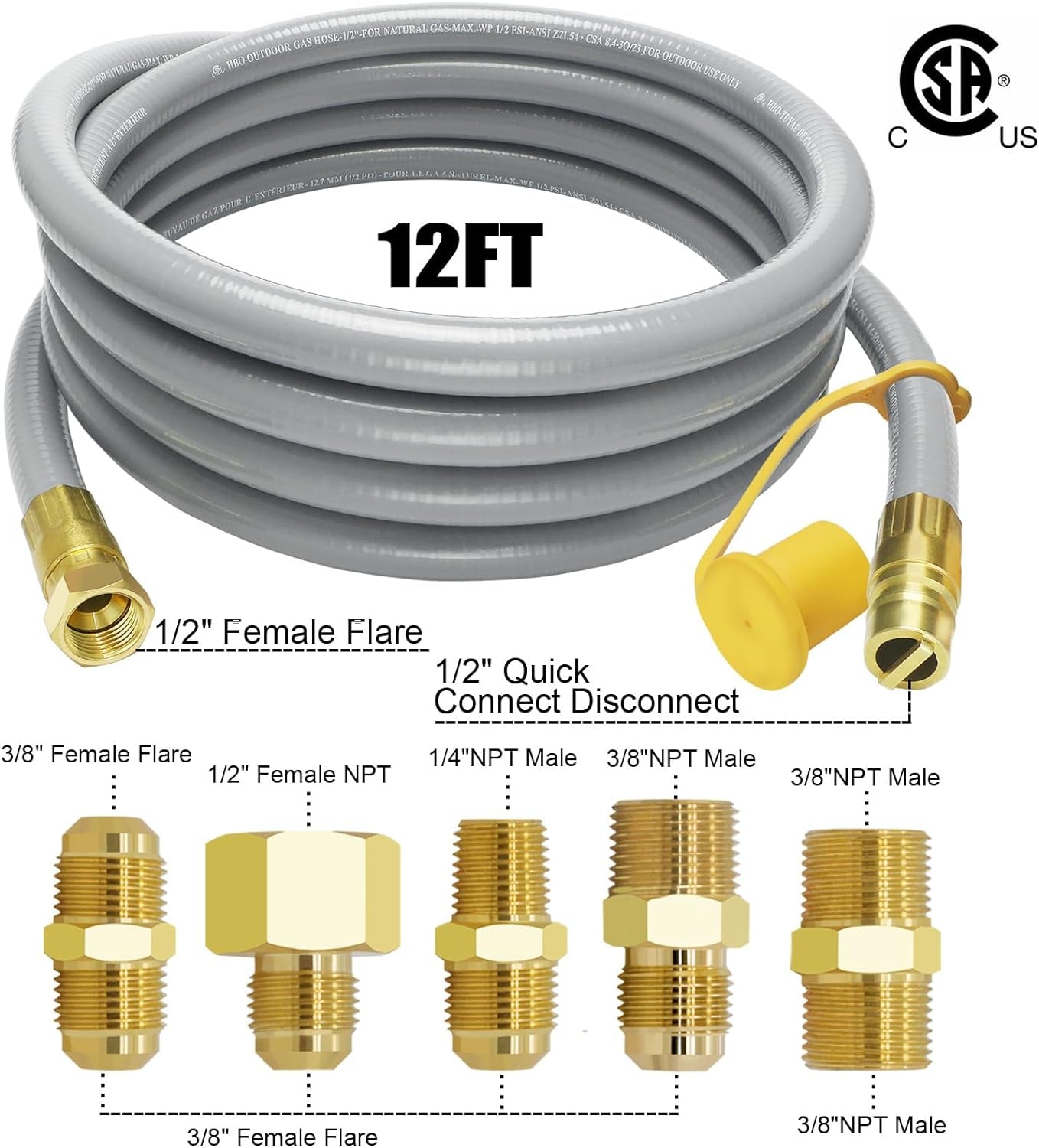 NQN 12FT 1/2" ID Natural Gas Hose with Quick Connect Fitting for BBQ, Grill, Pizza Oven, Patio Heater. for Weber, Char-Broil, Pizza Oven, Patio Heater,Ng Grill and Natural Gas Conversion Kit