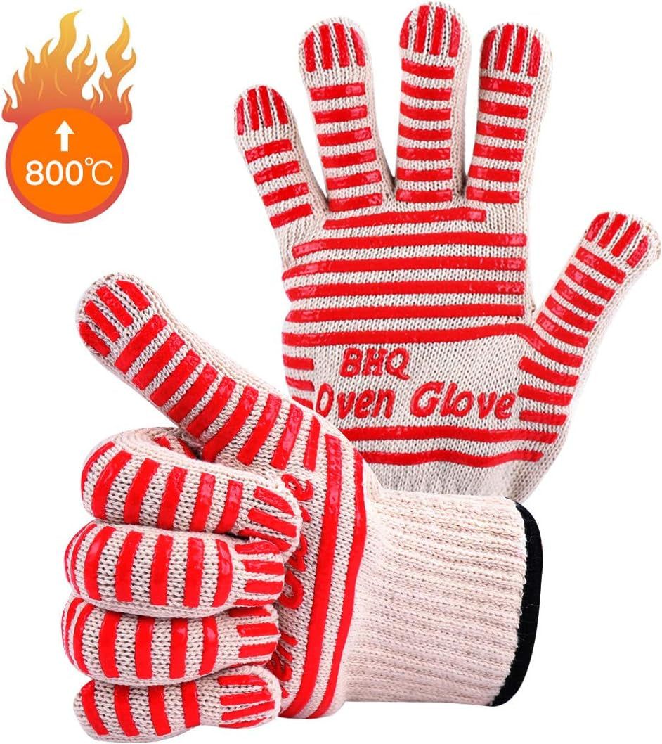 Oven Gloves Oven Mitts Heat Resistant Oven Mitts with Fingers, Cooking Gloves for BBQ, Grilling, Baking,Cutting, Welding, Smoker Fireplace，2 Pack (Red)
