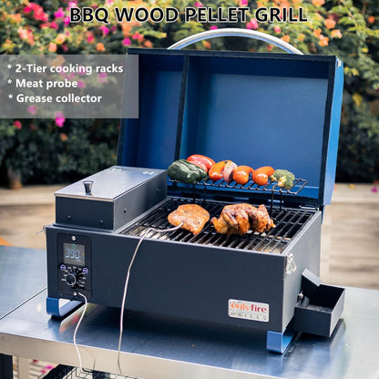 Onlyfire BBQ Wood Pellet Grill Smoker with Digital Control, LED Screen, Meat Probe & 2 Tiers Cooking Area, Portable Tabletop Grilling Stove for BBQ, Smoke, Bake and Roast, RV Camping, Blue