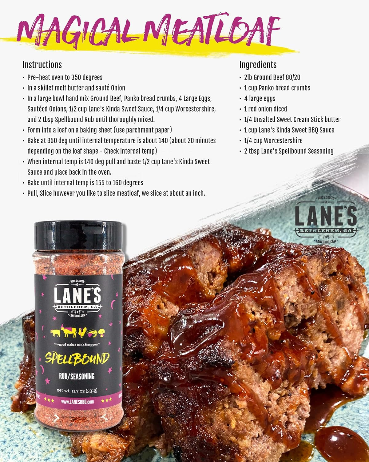 Lane'S Spellbound Pork Rub Seasoning - Premium Sweet and Smoky Pork Butt Rub, Rib Rub & Chicken Rub | Deep, Rich, Smoky Flavor | All Natural | Gluten Free | No MSG | NO Preservatives - 11.7Oz