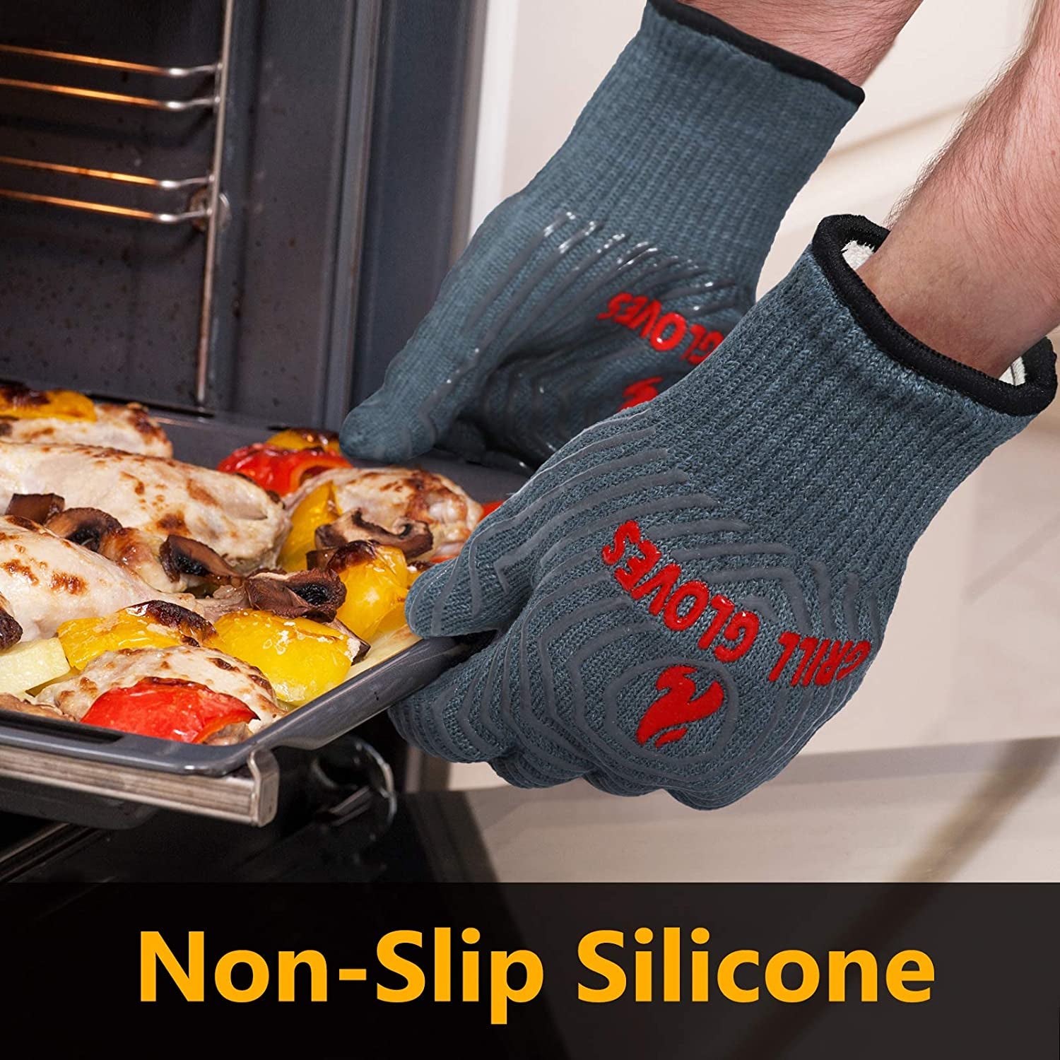 BBQ Gloves, Oven Gloves 1472℉ Extreme Heat Resistant, Grilling Gloves Silicone Non-Slip Oven Mitts, Kitchen Gloves for BBQ, Grilling, Cooking, Baking-1 Pair… (One Size Fits Most, Grey)