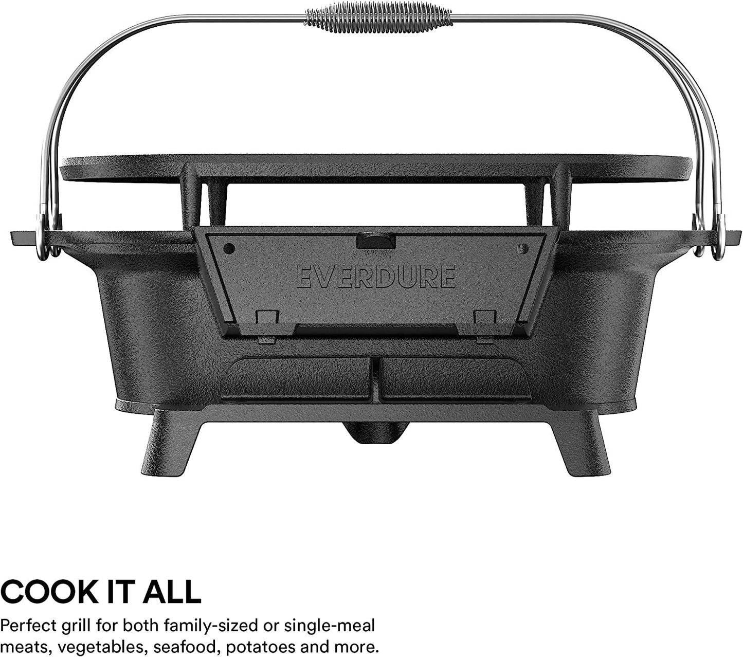 Everdure Oval Cast Iron Grill & Cover – Outdoor, Portable Charcoal Grill and Tabletop Cast Iron Skillet - 100% Cast Iron, Enameled, Durable, Small Charcoal Grill, Camping Stove, Hibachi Grill