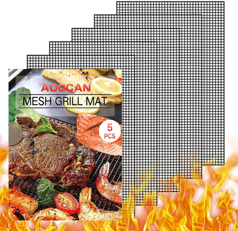 Image of Grill Mesh Mat - Set of 5 Non Stick BBQ Grill Mats, Heavy Duty, Reusable Grilling Mats, Easy to Clean - Works on Gas, Charcoal, Pellet Grill - 15.75 X 13 In, Black