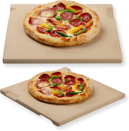 Pizza Stone Baking & Grilling Stone, Perfect for Oven, BBQ and Grill. Innovative Double - Faced Built - in 4 Handles Design (12" X 12" X 0.6" Rectangular)