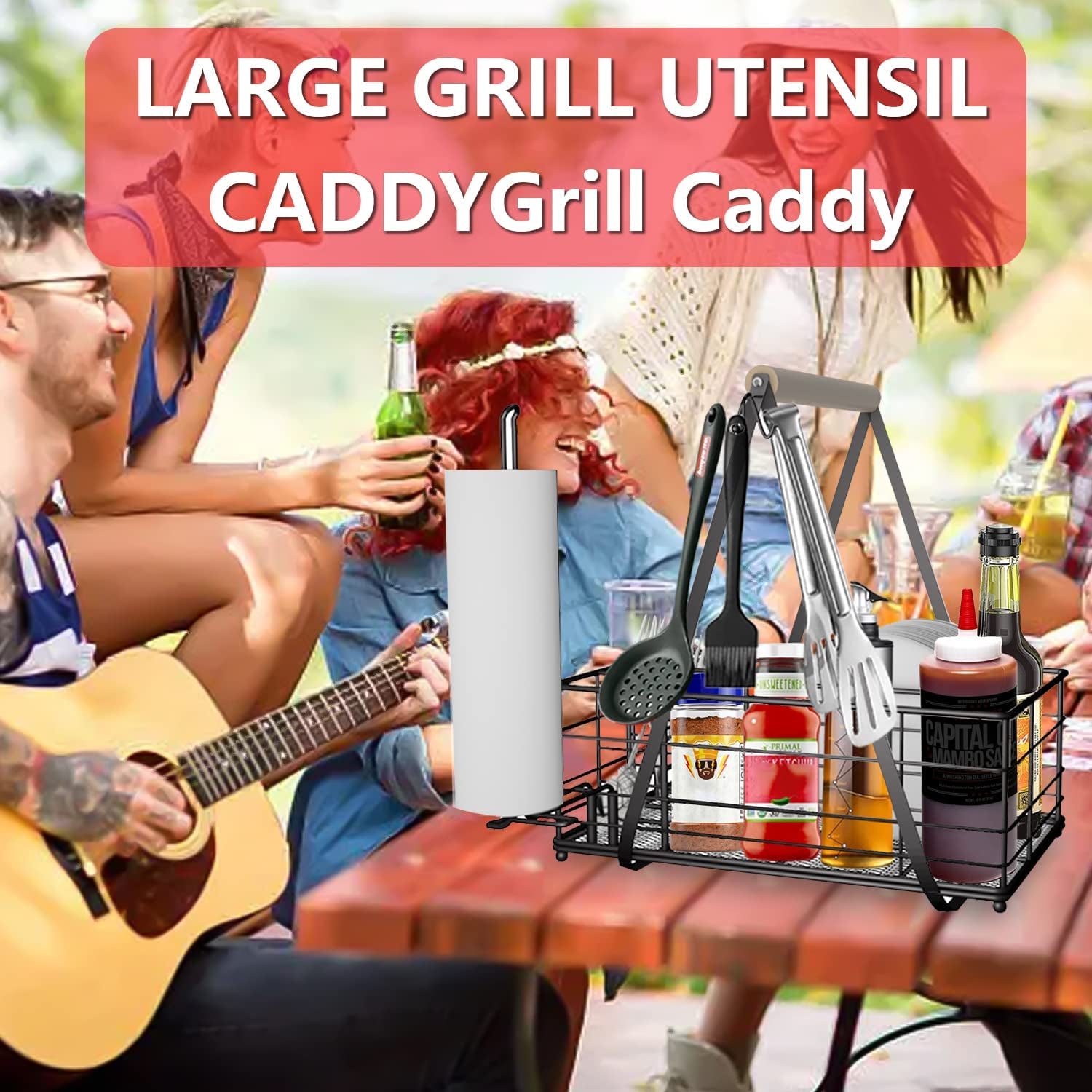 Picnic Caddy and Grill Utensil Caddy,Condiment Caddy, Grill-Caddy,Adjustable Compartment Storage,With 3 Hooks,Sturdy Thick,Easy Carry,Quick Assemble Grill Accessories Storage-Black