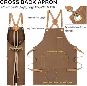 Chef Apron for Men Women with Gift Box Pack, Cross Back Apron with Pockets for Kitchen Cooking Baking Artist Painting, Cotton Canvas Work Aprons for Shop, Garden, Restaurant, Cafe (Brown, M to XXL)