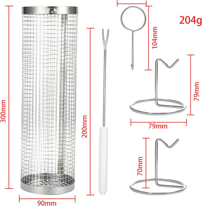 Rolling BBQ Grilling Basket for Outdoor | Versatile Stainless Steel Barbecue Grill | round Mesh Cylinder Accessories | Camping Rack for Cooking - 1 PCS