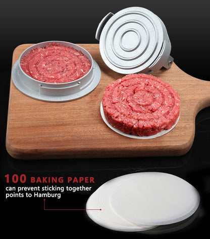 OVOS Burger Press Adjustable Thickness 3 in 1 Hamburger Patty Maker Aluminum Non Stick Patty Making Mold with 100 Wax Papers for Burgers and Meat Patties