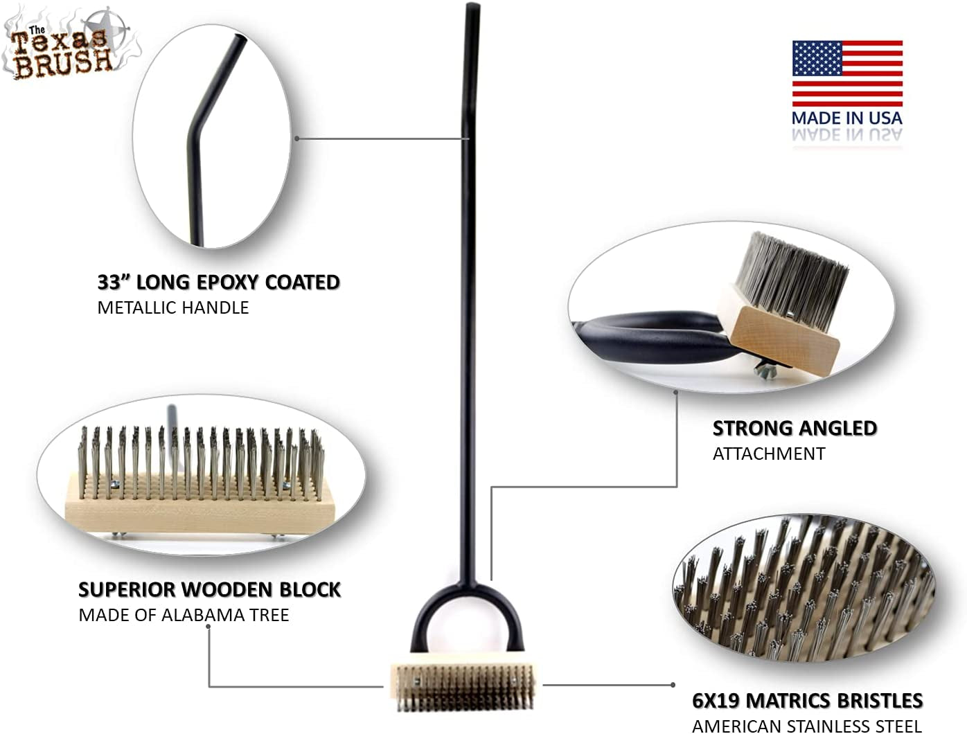 Texas BBQ Grill Brush-33 Metallic Handle, Stainless Steel Bristles-Heavy Duty Barbeque Grill Cleaning Tool-Scratchless Cleaning Brush for Gas/Charcoal Grates-Grilling Gifts for Cooks-Replaceable Head