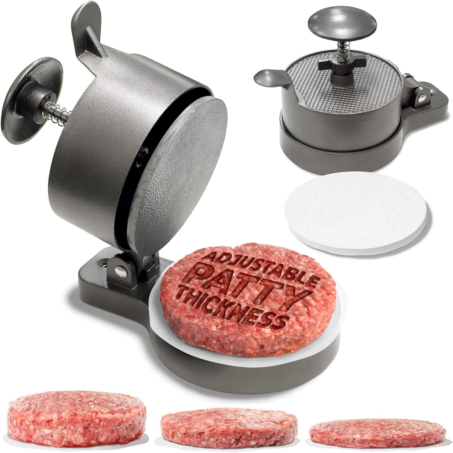 Shop Square Hamburger Press Patty Maker - Adjustable 1/4Lb to 3/4Lb Burger Press Patty Maker with Patty Ejector - Adjustable Thickness for Burgers, Crab Cakes, and Sausage - Patty Paper Included