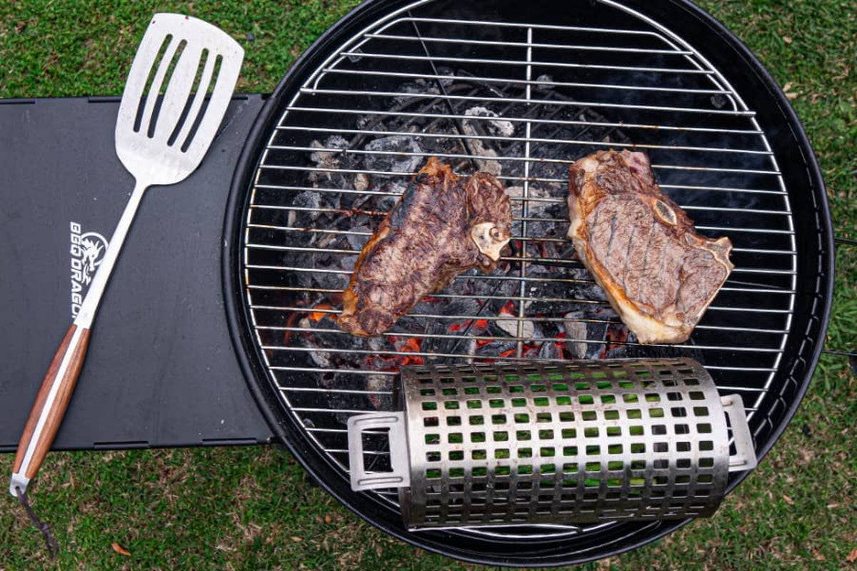 BBQ Dragon | Rolling Grill Basket | Food Grade Stainless Steel Grilling Basket | 13.5”X5.6” Cylinder | Vegetables, Shrimp, Fish, Chicken Wings | Snap Close Lid | Dishwasher Safe | Grilling Accessory