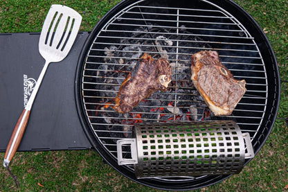 BBQ Dragon | Rolling Grill Basket | Food Grade Stainless Steel Grilling Basket | 13.5”X5.6” Cylinder | Vegetables, Shrimp, Fish, Chicken Wings | Snap Close Lid | Dishwasher Safe | Grilling Accessory