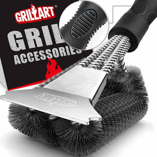 Grill Brush and Scraper, Extra Strong BBQ Cleaner Accessories, Safe Wire Bristles 18" Barbecue Triple Scrubbers Cleaning Brush for Gas/Charcoal Grilling Grates, Wizard Tool BR-8115