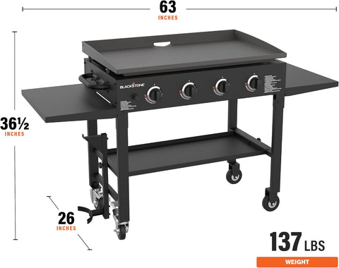 Image of 36 Inch Gas Griddle Cooking Station 4 Burner Flat Top Gas Grill Propane Fuelled Restaurant Grade Professional 36” Outdoor Griddle Station with Side Shelf (1554)