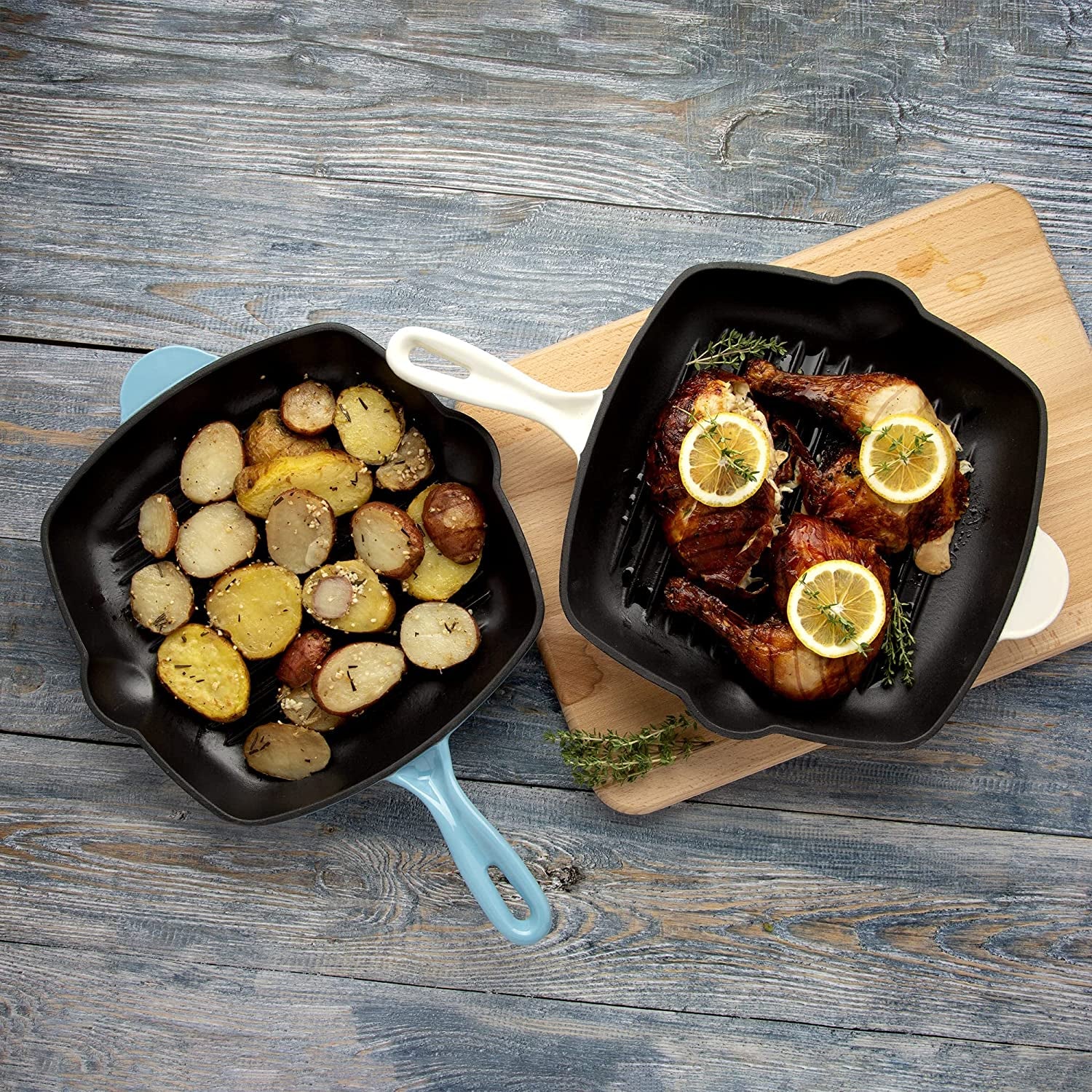 Enameled Cast Iron Square Griddle Grill Pan with Ridges, Helper Handle and Pouring Spouts for Easy Draining, Indoor Grilling Skillet, 11-Inch, Cream