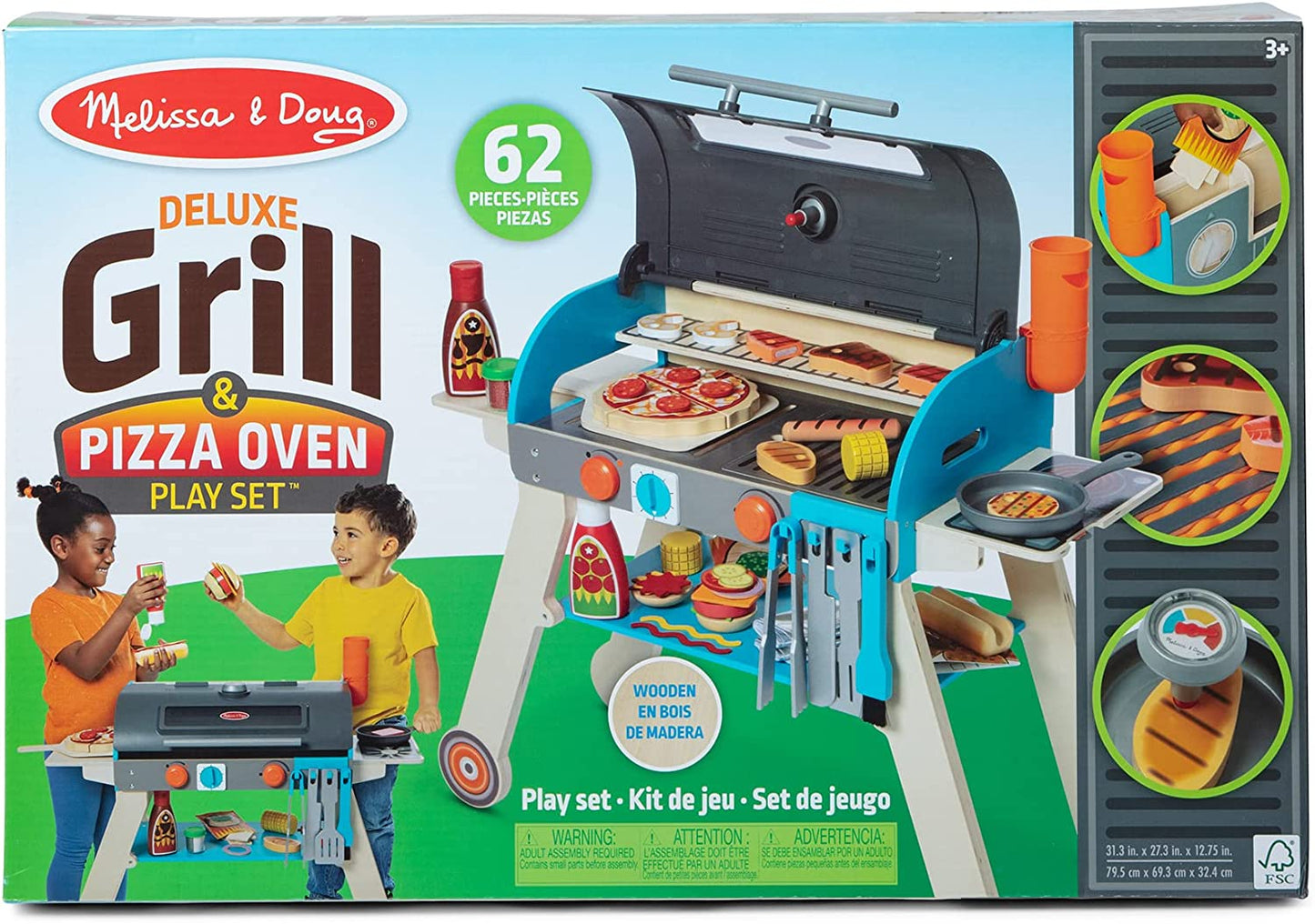 Melissa & Doug Wooden Deluxe Barbecue Grill, Smoker and Pizza Oven Play Food Toy for Pretend Play Cooking for Kids