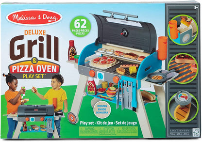 Melissa & Doug Wooden Deluxe Barbecue Grill, Smoker and Pizza Oven Play Food Toy for Pretend Play Cooking for Kids