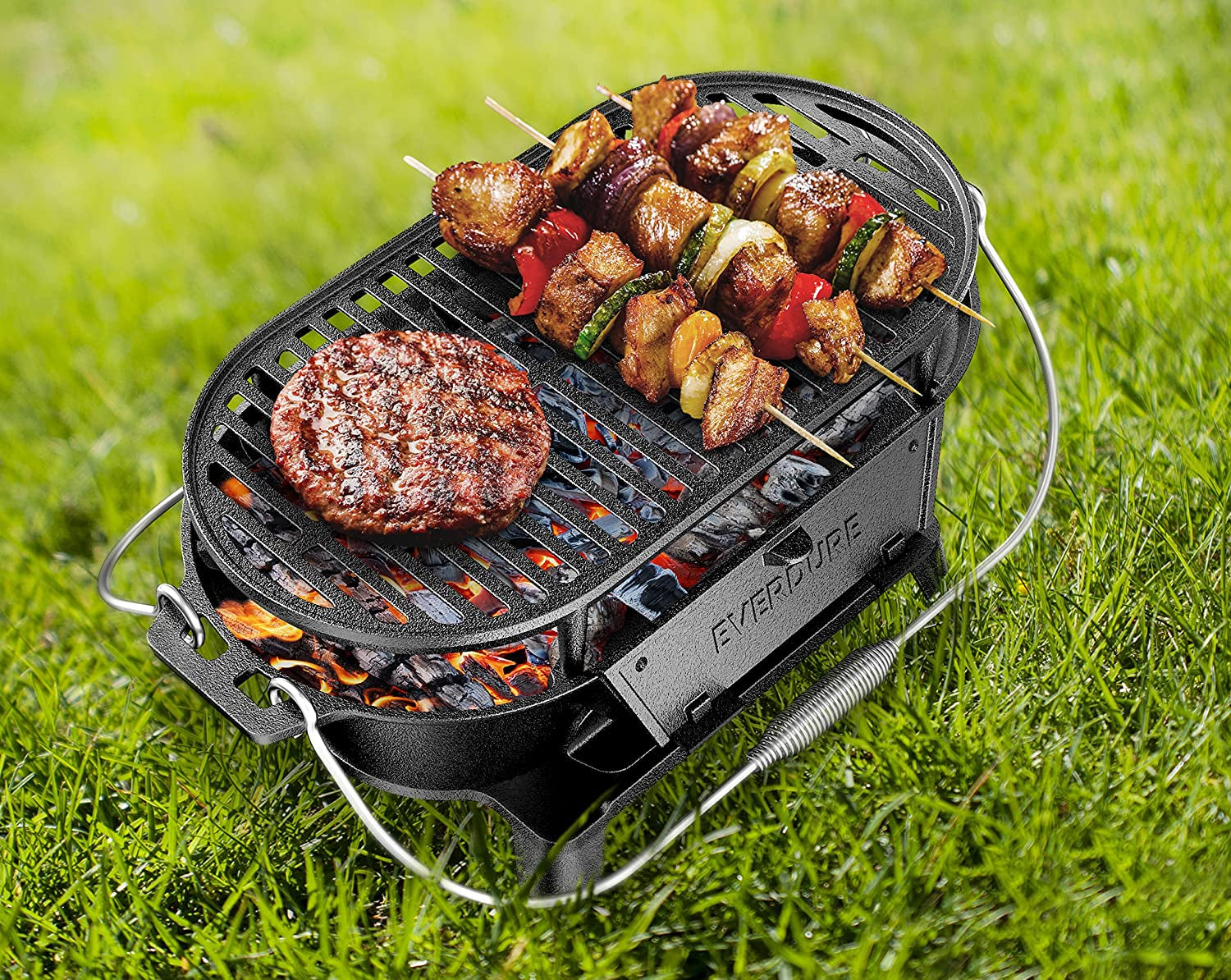 Everdure Oval Cast Iron Grill & Cover – Outdoor, Portable Charcoal Grill and Tabletop Cast Iron Skillet - 100% Cast Iron, Enameled, Durable, Small Charcoal Grill, Camping Stove, Hibachi Grill