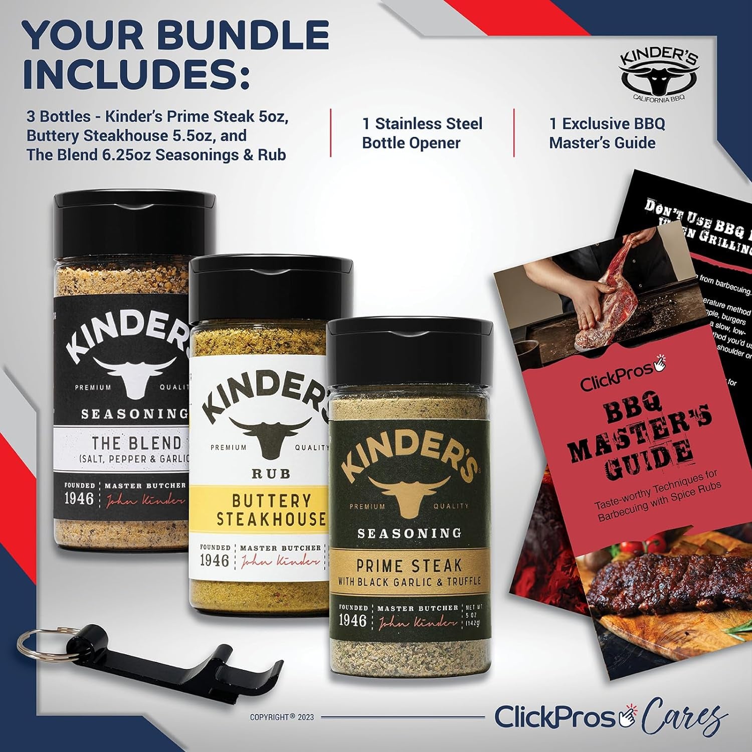 Kinders BBQ Rub Seasoning 3 PK Bundle (16.7 Oz) Prime Steak with Black Garlic & Truffle, Kinder'S Buttery Steakhouse, Kinder'S the Blend Seasoning with Salt, Pepper & Garlic + Guide & Opener 5 Items!