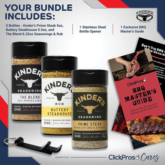 Kinders BBQ Rub Seasoning 3 PK Bundle (16.7 Oz) Prime Steak with Black Garlic & Truffle, Kinder'S Buttery Steakhouse, Kinder'S the Blend Seasoning with Salt, Pepper & Garlic + Guide & Opener 5 Items!