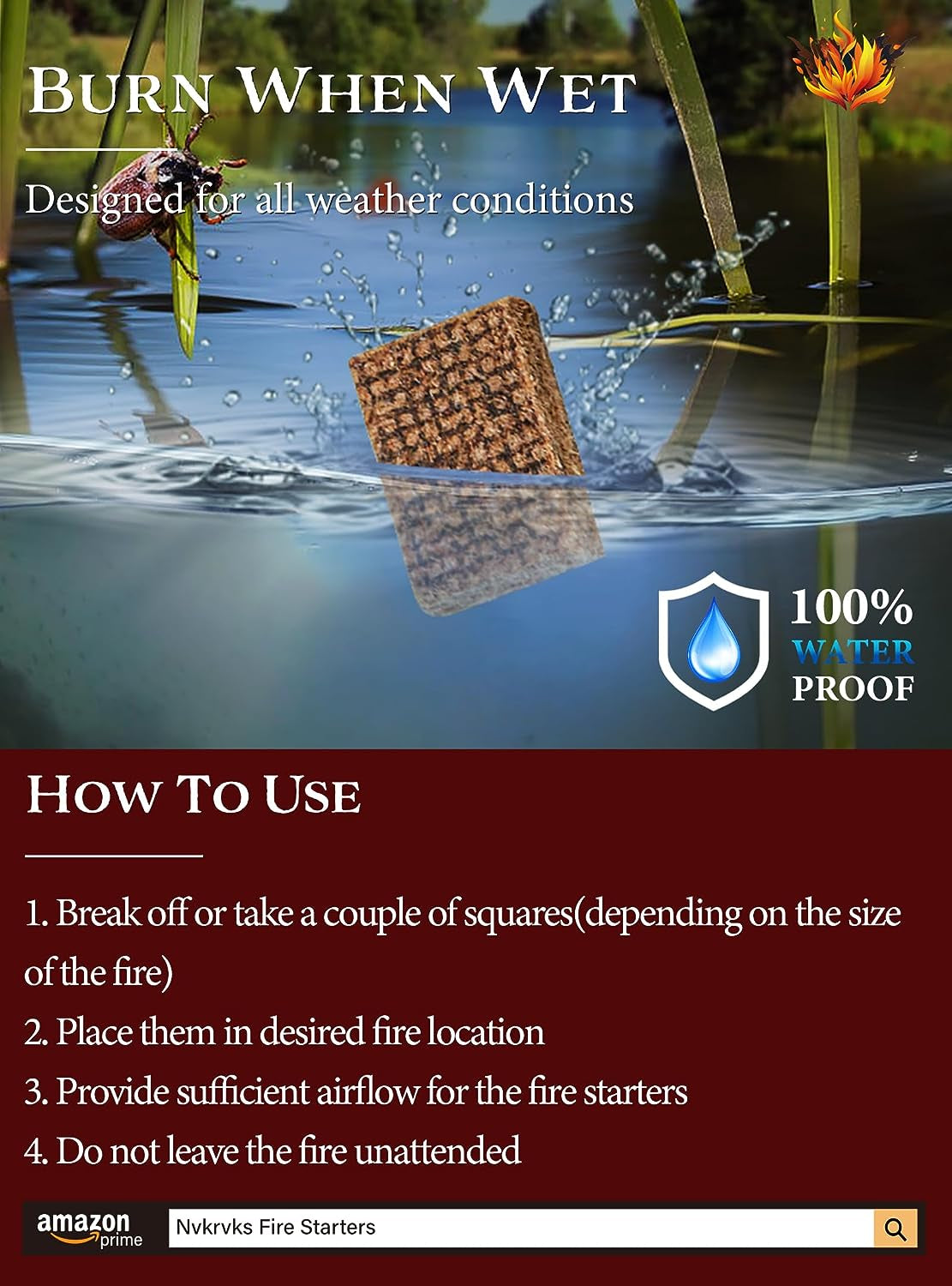 Nvkrvks Fire Starter Squares 192, Natural & Odourless Firestarters Cubes for Campfire, Fireplace, Chimney and Barbecue, Water Resistant, Easy to Ignite, Safe Camping Accessories